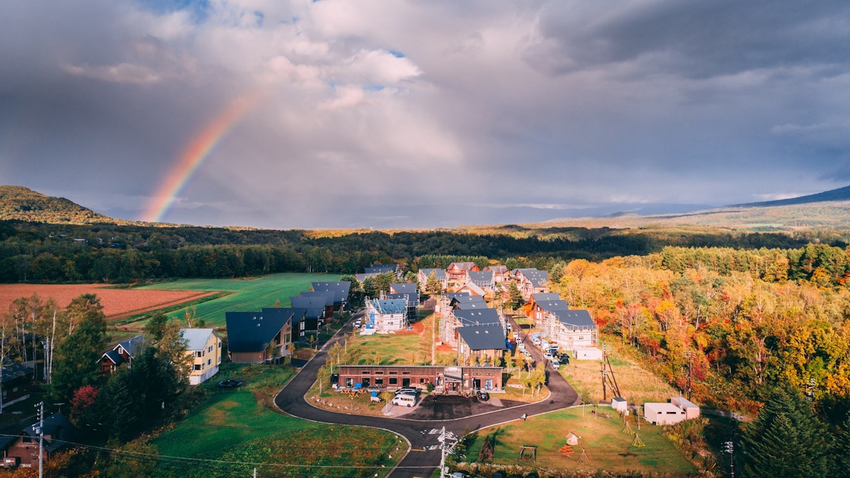 Rainbow over orchards